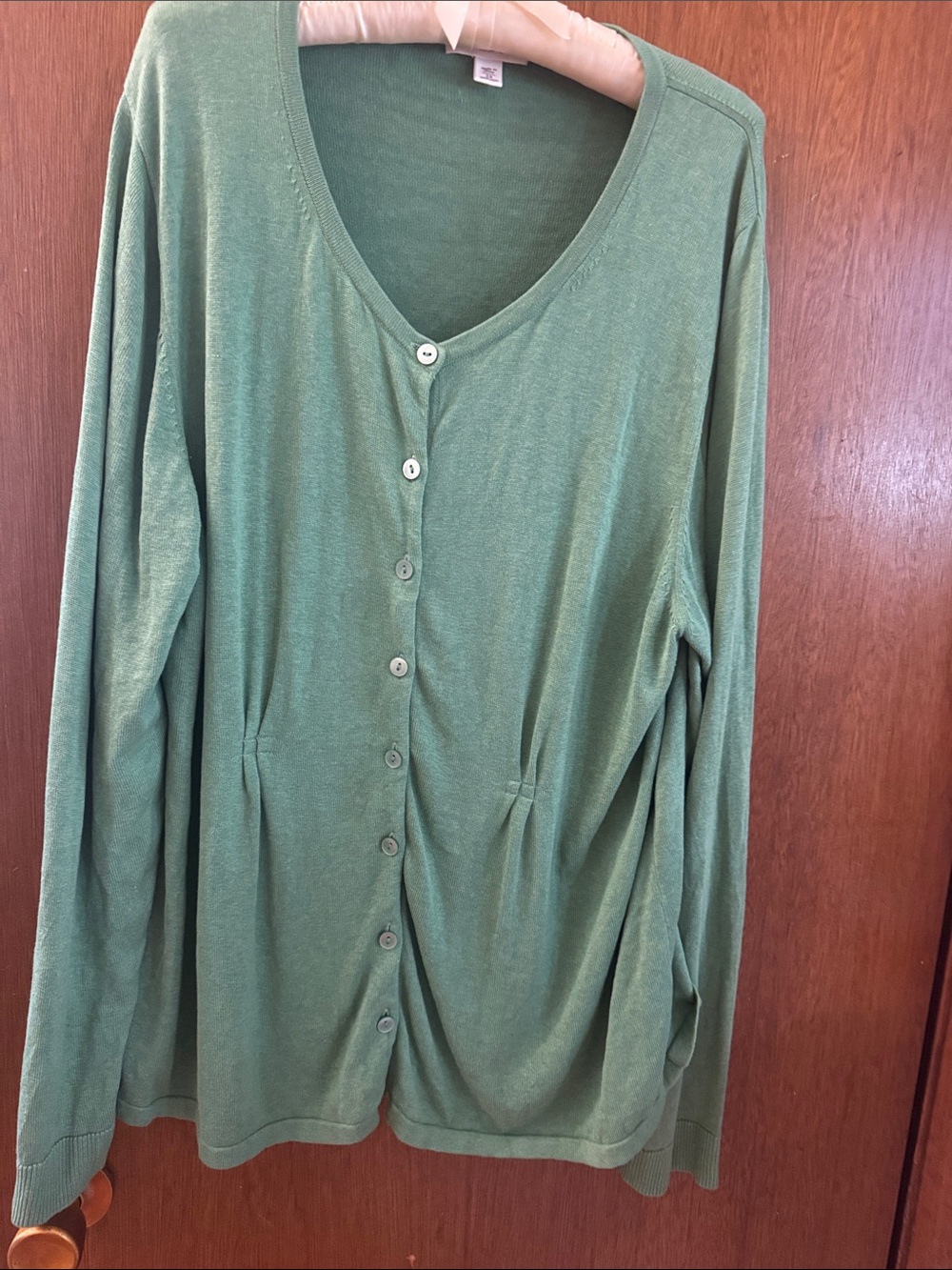 Coldwater Creek Green Button-Front Scoop Cardigan Silk Cotton Blend